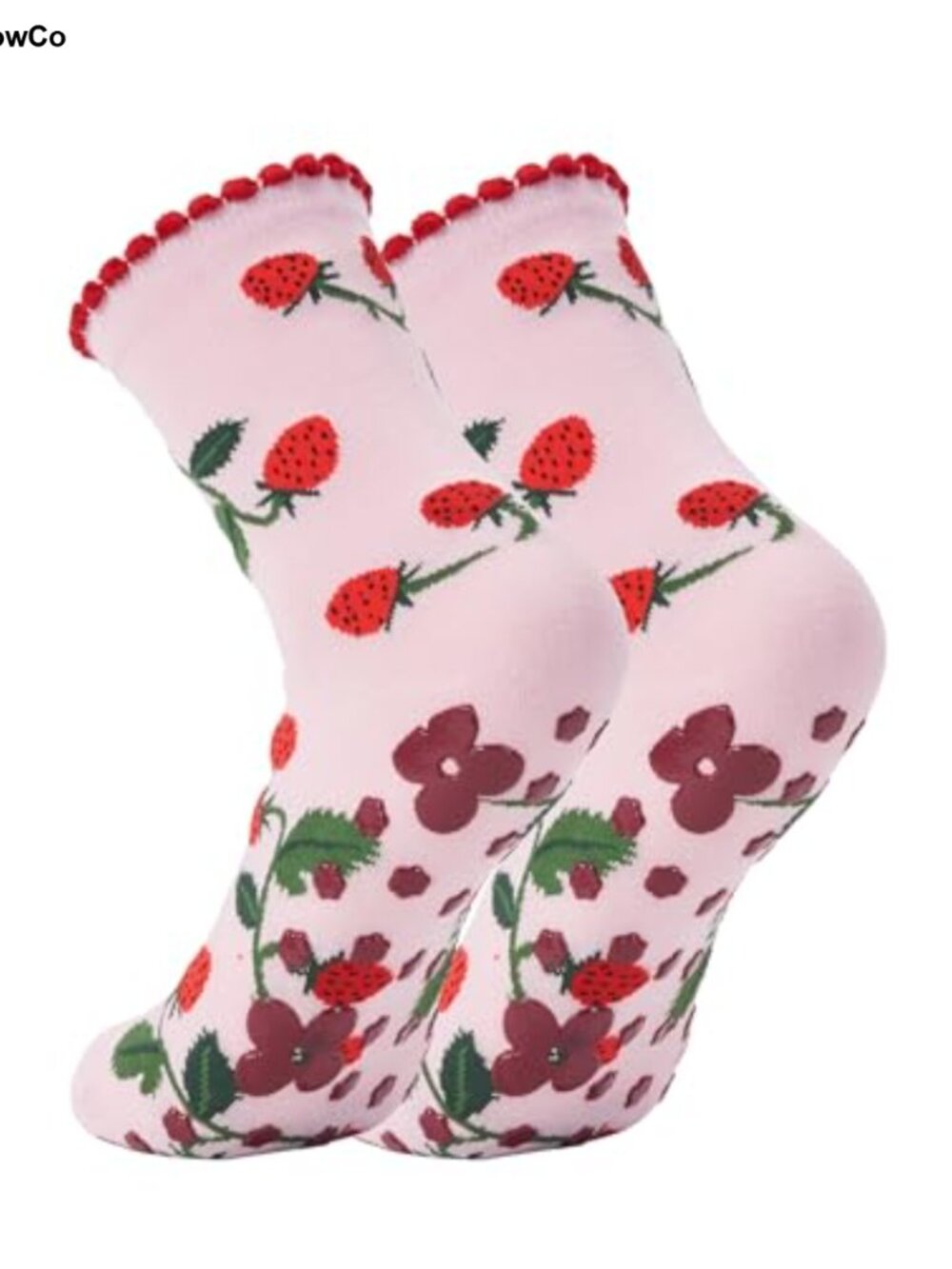 Strawberry Pilates Grip Socks Non Slip Combed Cotton Ruffle Crew